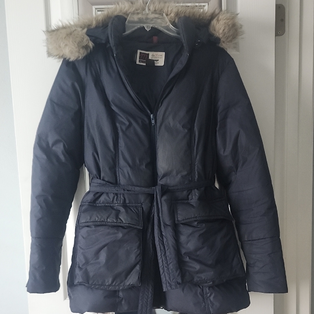 The M Coat by CDN Spirit Navy Blue Down Jacket w/ Detachable Faux Fur Trim Hood